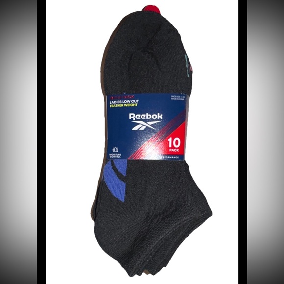 Reebok Low Cut Feather Weight Socks 10 Pair Women's 4-10 Black w Multicolor Logo - Picture 1 of 8